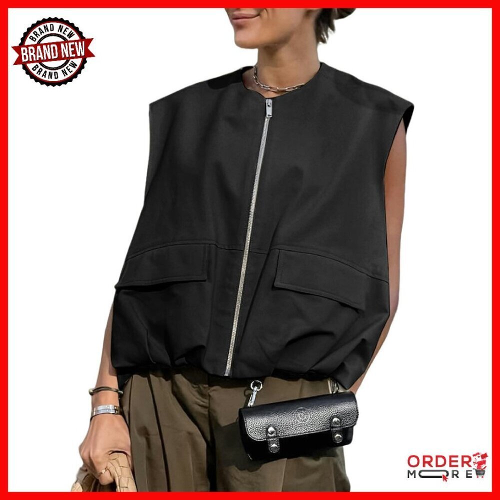 Oversized Zip Up Cargo Vest with Pockets Ruched Hem Lightweight